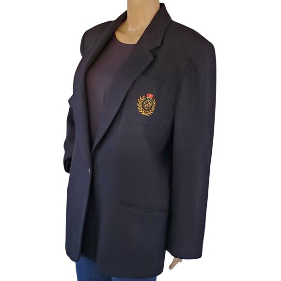 Herman Geist Crest Logo Black Wool Blazer Jacket Academia Womens 16 Lined Pocket - Picture 1 of 13